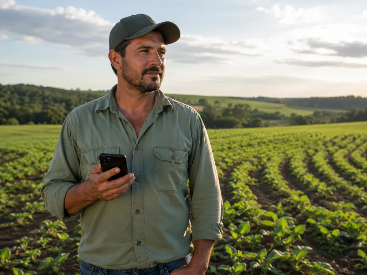 Produtor de boné com o celular na mão em lavoura de soja